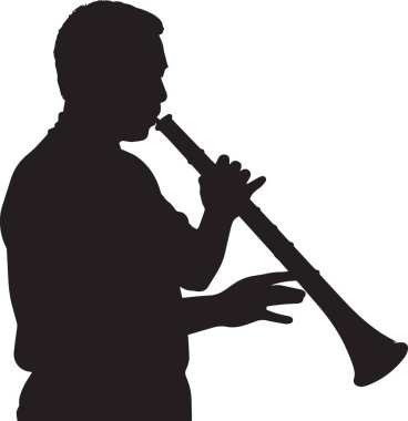 Siyah vektör silueti, didgeridoo veya rüzgar enstrümanı çalan bir adamın geleneksel müzik sanatçısı.