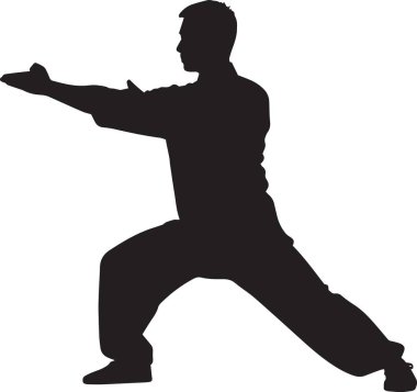 Siyah vektör silueti, dövüş sanatları ustasının uzun kollu yumruk duruşuyla dövüşmesi.