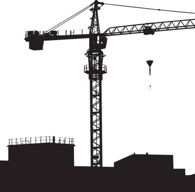 İnşaat vinci ve inşaat alanının siyah siluet vektörü, endüstriyel ve mühendislik tasarımları için harika.