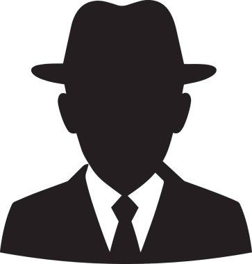 Fötr şapka ve takım elbise giyen bir beyefendinin siyah siluet vektör portresi. Eski ve siyah tasarımlar için mükemmel.