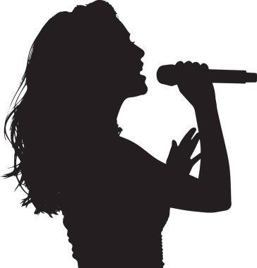 Siyah siluet bir kadın mikrofona şarkı söylüyor dalgalı saçlarıyla, müzik ve eğlence tasarımları için mükemmel.