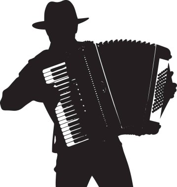 Akordeon çalan şapkalı bir adamın siyah siluet vektörü. Halk müziği ve kültürel tasarımlar için mükemmel.