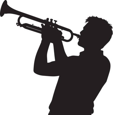 Trompet çalan bir adamın siyah siluet vektörü, müzik ve caz temalı projeler için ideal.