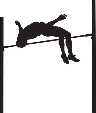 Yüksek atlama yapan bir atletin siyah vektör silueti beyaz arka planda izole edilmiş Fosbury Flop tekniğini kullanarak barı boşaltıyor. Spor ve atletizm tasarımları için harika.