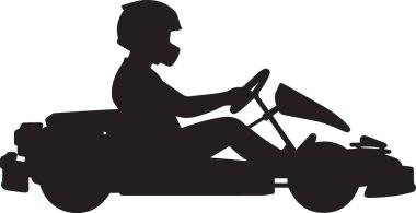 Siyah vektör silueti, beyaz arka planda izole edilmiş go-kart ya da yarış kartı kullanan biri. Motor sporu, yarış ve karting temalı tasarım projeleri için mükemmel..