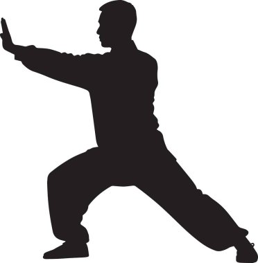 Beyaz arka planda izole bir şekilde Tai Chi ya da dövüş sanatları yapan bir adamın siyah vektör silueti. Dövüş sanatları, sağlık ve Asya kültürü temalı tasarımlar için idealdir..