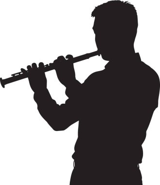 Beyaz arka planda izole edilmiş, flüt çalan birinin siyah vektör silueti. Müzik, orkestra ve klasik temalı tasarım projeleri için harika..
