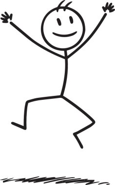 Siyah vektör çubuk karakteri mutlu gülümseyen bir adamın neşeli bir şekilde el sallayıp koşması, basit karalama stili çizimi.