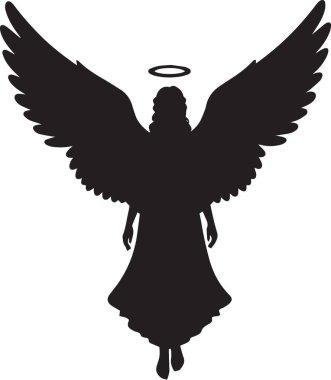Kara vektör silueti bir melek figürü. Geniş açık kanatları ve bir halesi var. Görkemli ilahi bir varlık, bir kartalı andırıyor.