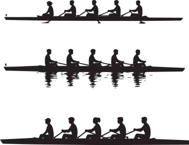 Sudaki uzun bir ekip teknesinde bir kürek takımının siyah vektör silueti, su sporları, takım sporları ve yelkenli yarışı tasarımları için mükemmel.