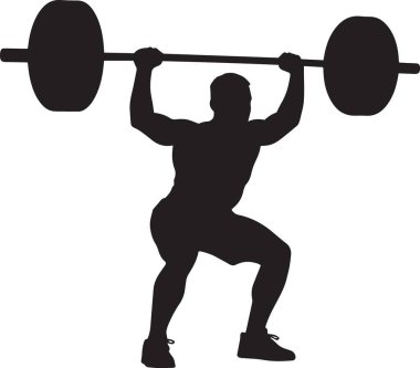 Haltercinin siyah vektör silueti halter egzersizi yapıyor. Fitness, spor salonu ve güç eğitimi tasarımları için ideal.