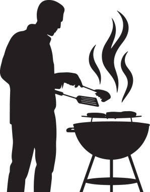Siyah vektör silueti, barbekü ızgarasında ızgara yapan bir adam. Yaz için ideal, barbekü ve yemek temalı tasarımlar.