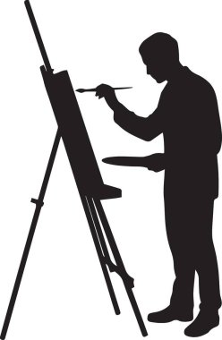 Palet ve fırçayla resim yapan bir sanatçının siyah vektör silueti. Güzel sanatlar, yaratıcı ve stüdyo tasarımları için mükemmel.