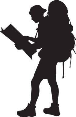 Sırt çantalı bir yürüyüşçünün siyah vektör silueti harita okuyor, navigasyon, seyahat ve açık hava macera tasarımları için ideal