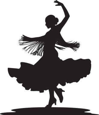 Flamenko dansçısının siyah vektör silueti akıcı bir elbise içinde tutkulu bir dans gösterisi sergiliyor. İspanyol kültürü, dansı ve performans tasarımları için mükemmel.