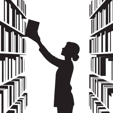 Uzun kütüphane kitaplıklarında kitap arayan bir kadının siyah vektör silueti eğitim, okuma ve kütüphane tasarımları için mükemmeldir.