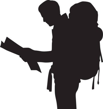 Sırt çantalı ve teçhizatlı bir gezginin siyah vektör silueti seyahat, macera ve açık hava eğlence tasarımları için mükemmeldir.