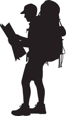 Büyük bir sırt çantası takan ve yürüyüş, seyahat ve macerayı temsil eden bir harita ya da belge okuyan bir kişinin vektör silueti