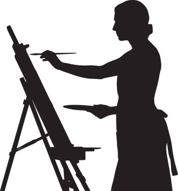 Güzel sanatları, yaratıcılığı ve sanatsal ifadeyi temsil eden bir ressamın resim sehpasında paletle duruşu.