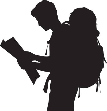 Büyük bir sırt çantası takan ve harita okuyan bir yürüyüşçü silueti, açık hava macerası ve seyahati sırasında navigasyonu temsil eder