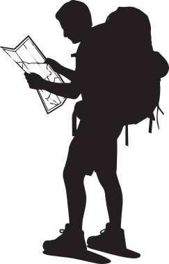 Turizm, seyahat, navigasyon ve keşifleri temsil eden büyük bir harita tutan ve okuyan bir adamın vektör silueti