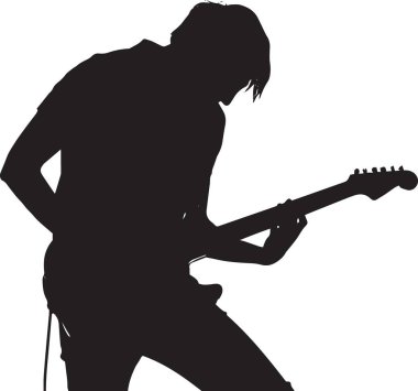 Elektro gitar çalan bir rock müzisyeninin vektör silueti, rock müziği, canlı performans ve müzikal tutkuyu temsil ediyor.