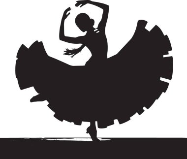 Flamenko dansçısının vektör silueti dalgalı elbisesi içinde, İspanyol dansını, tutkusunu ve kültürel performansını temsil ediyor.