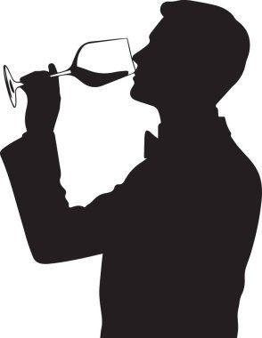 Şarap kadehinden içen bir adamın vektör silueti şarap tatmayı, uzman yaşam tarzını ve entelektüelliği temsil ediyor.