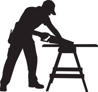 Bir marangoz ya da zanaatkar silueti bir çalışma tezgahında aletlerle çalışıyor, marangozluğu, zanaatkarlığı ve usta zanaatkarlığı temsil ediyor.