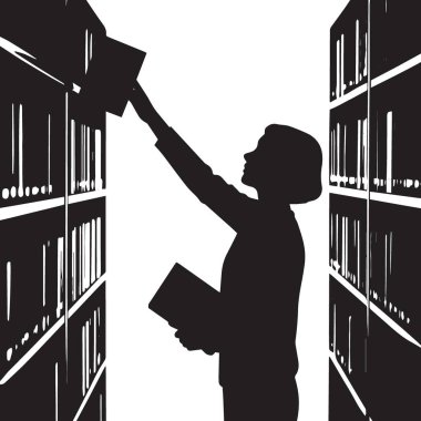 Kütüphane raflarında kitap karıştıran, kütüphane araştırmalarını, eğitimi ve okuma aşkını temsil eden bir kadının vektör silueti.
