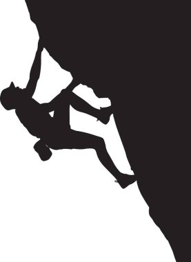 Bir kaya tırmanıcısının silüeti dik bir uçuruma tırmanır kaya tırmanışını, dağcılığı, ekstrem sporları ve fiziksel mücadeleyi temsil eder.