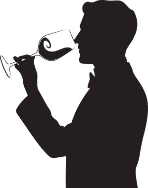 Şarap uzmanı, tadımcı ve sofistike bir adamı temsil eden, bir şişeden bardağa şarap doldurup içen bir adamın vektör silueti.