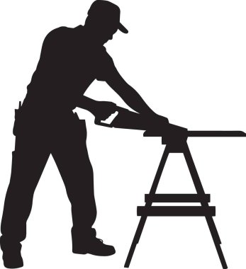 Marangozluk, marangozluk, ahşap işçiliği ve vasıflı el işçiliği tasvir eden testere tezgahında çekiç kullanan bir adamın vektör silueti.