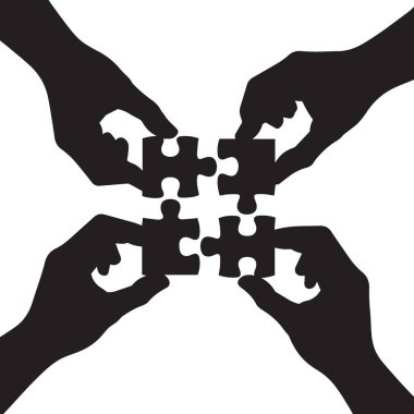 Yapboz parçalarını birleştiren dört elin siyah siluet vektör çizimi takım çalışmasını ve işbirliğini sembolize ediyor