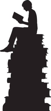 Eğitim ve öğrenimi resmeden uzun kitap yığınlarıyla çevrili bir öğrencinin siyah siluet vektör çizimi