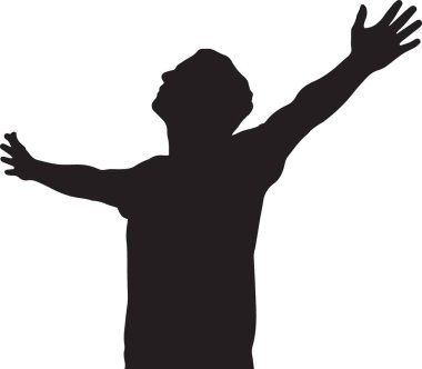Siyah siluet vektör çizimi, kolları açık duran bir adamın özgürlük ve neşeyi ifade edişinin.