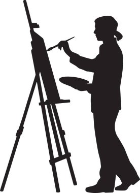 Tablo sehpasında boya fırçası ve paletle duran bir sanatçının siyah silüet çizimi