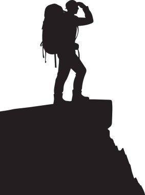 Sırt çantalı bir yürüyüşçünün siyah siluet vektör çizimi bir dağın zirvesinde manzaraya bakıyor.