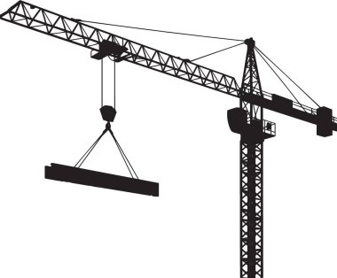 İnşaat alanında uzun bir vinç kaldırma inşaat malzemesinin siyah siluet vektör çizimi