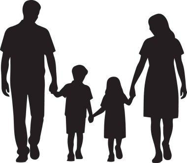 Siyah siluet vektör çizimi dört kişilik bir ailenin el ele yürüdüğünü gösteriyor. Ebeveynler ve iki çocuk da dahil.