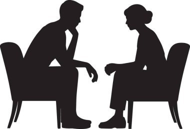 Siyah siluet vektör illüstrasyonunda sandalyelerde oturan iki kişi yüz yüze konuşuyor veya röportaj yapıyor.