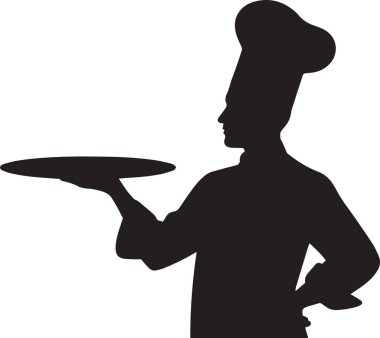 Profesyonel bir şef ya da garsonun omuz hizasında duran ve servis tepsisini tutan siyah siluet çizimi