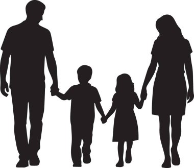 Siyah siluet çizimi bir ailenin birlikte yürüdüğünü gösteriyor. Anne ve çocukları bir grupta.