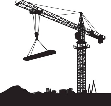 Bir inşaat vincinin siyah siluet çizimi sanayi binaları ve gelişimi olan bir şehir siluetine karşı