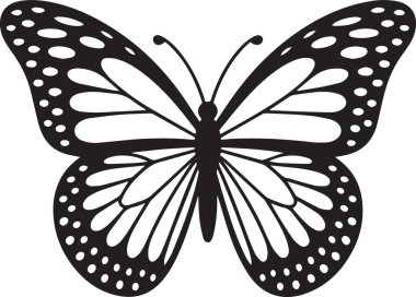 Güzel detaylı ve simetrik kanat desenleri olan bir kral kelebeğinin siyah siluet çizimi