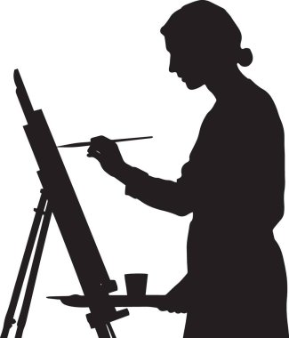 Sanat, yaratıcılık ve stüdyo tasarım kavramları için mükemmel olan resim sehpasında oturup resim yapan bir sanatçının siyah vektör silueti