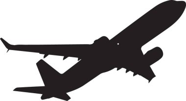 Uçan bir uçağın siyah vektör silueti bir açıyla kalkıyor. Seyahat, havacılık, ulaşım ve turizm tasarımları için mükemmel.