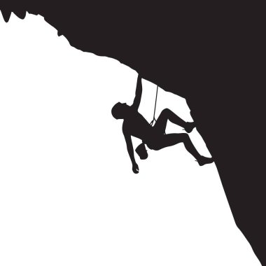 Uçuruma tırmanan bir dağcının siyah vektör silueti, ekstrem sporlar ve açık hava tasarımları için dinamik macera sporları çizimi