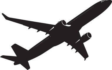 Bir ticari jet uçağının siyah vektör silueti aşağıdan görünüyor, havacılık, seyahat ve ulaşım tasarımları için mükemmel.