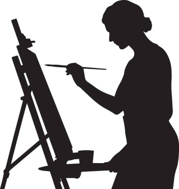 Tabloda resim yapan bir kadının siyah vektör silueti, sanat, yaratıcılık, stüdyo ve kültürel tasarımlar için zarif bir illüstrasyon.